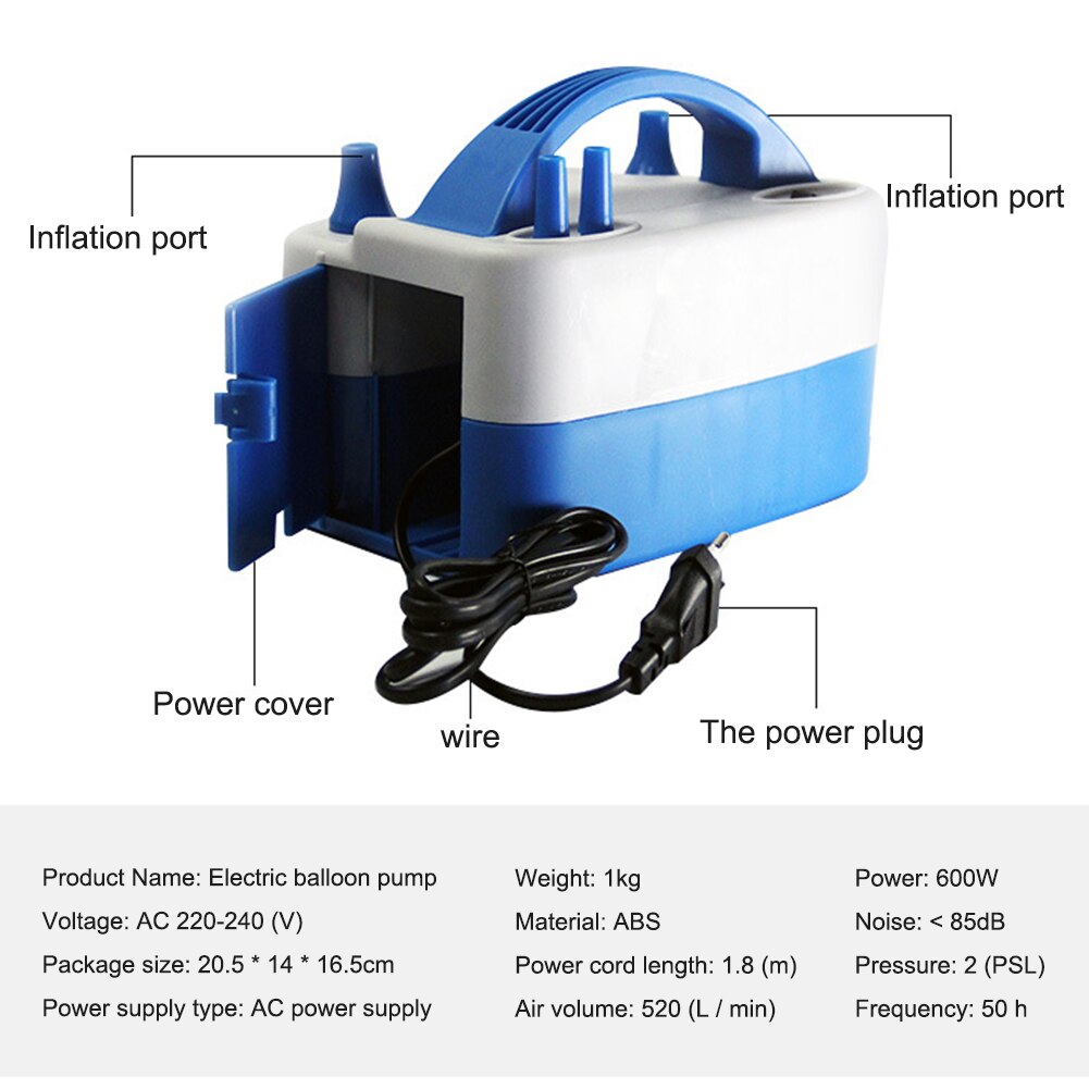 Mini Electric Balloon Pump 600W Balloon Blower Inflator with Dual Nozzle Blue and White - Light Blue